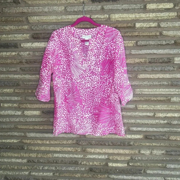 Doncaster Bright Pink and White Patterned Silk Linen Cotton  Tunic Shirt Size 6 - Picture 7 of 7